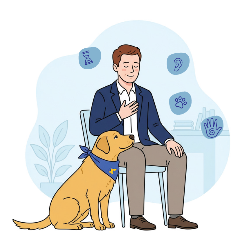 Ilustracija moškega in terapevtskega psa v podporni delavnici.